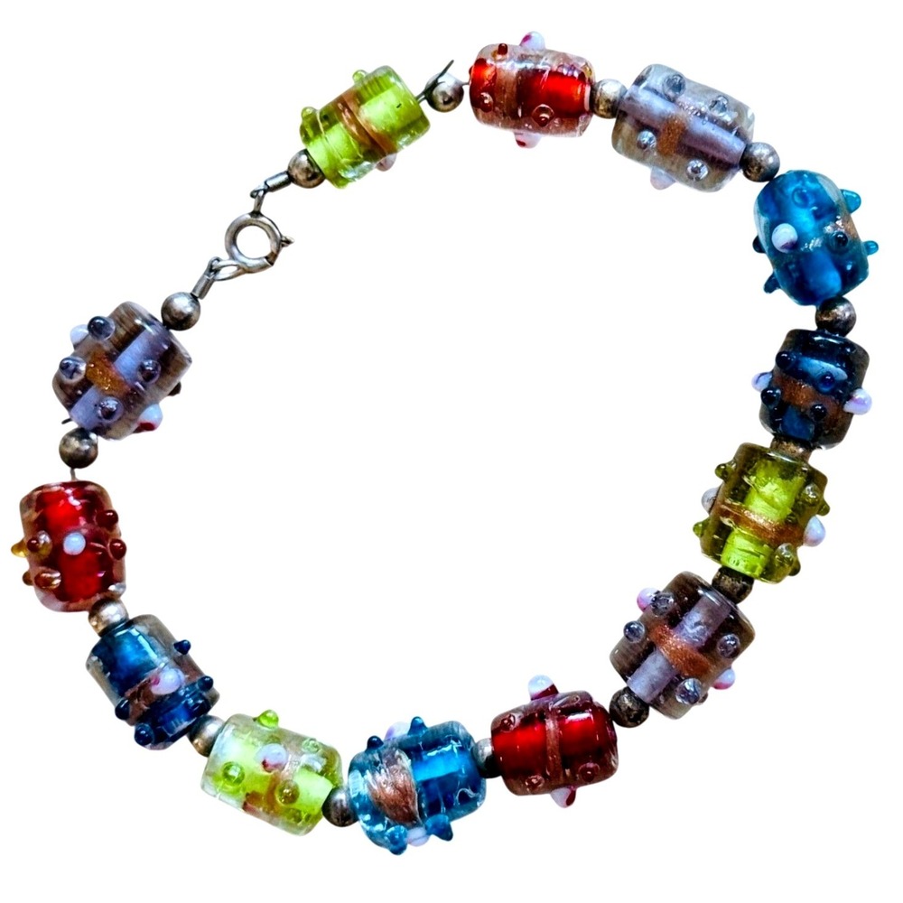 VTG Colorful Bracelet Murano Venetian Art Glass Lampwork Beads Foil 925 Sterling